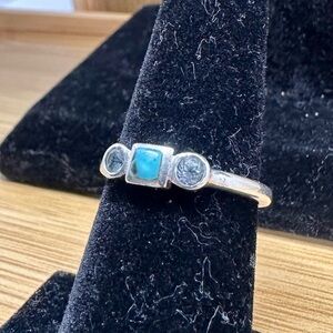 PEYOTE BIRD Sterling Silver Navajo Turquoise & Blue Topaz Stackable Ring; 5.25